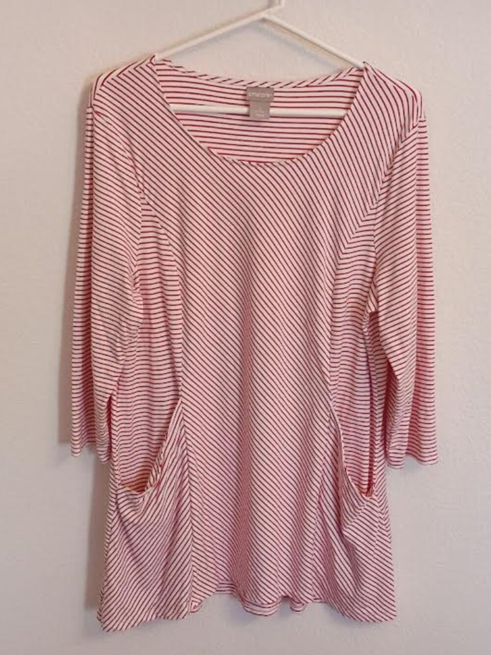CHICO'S WOMEN'S TUNIC TOP RED WHITE STRIPED FRONT POCKETS STRETCH SIZE 2 (LARGE)